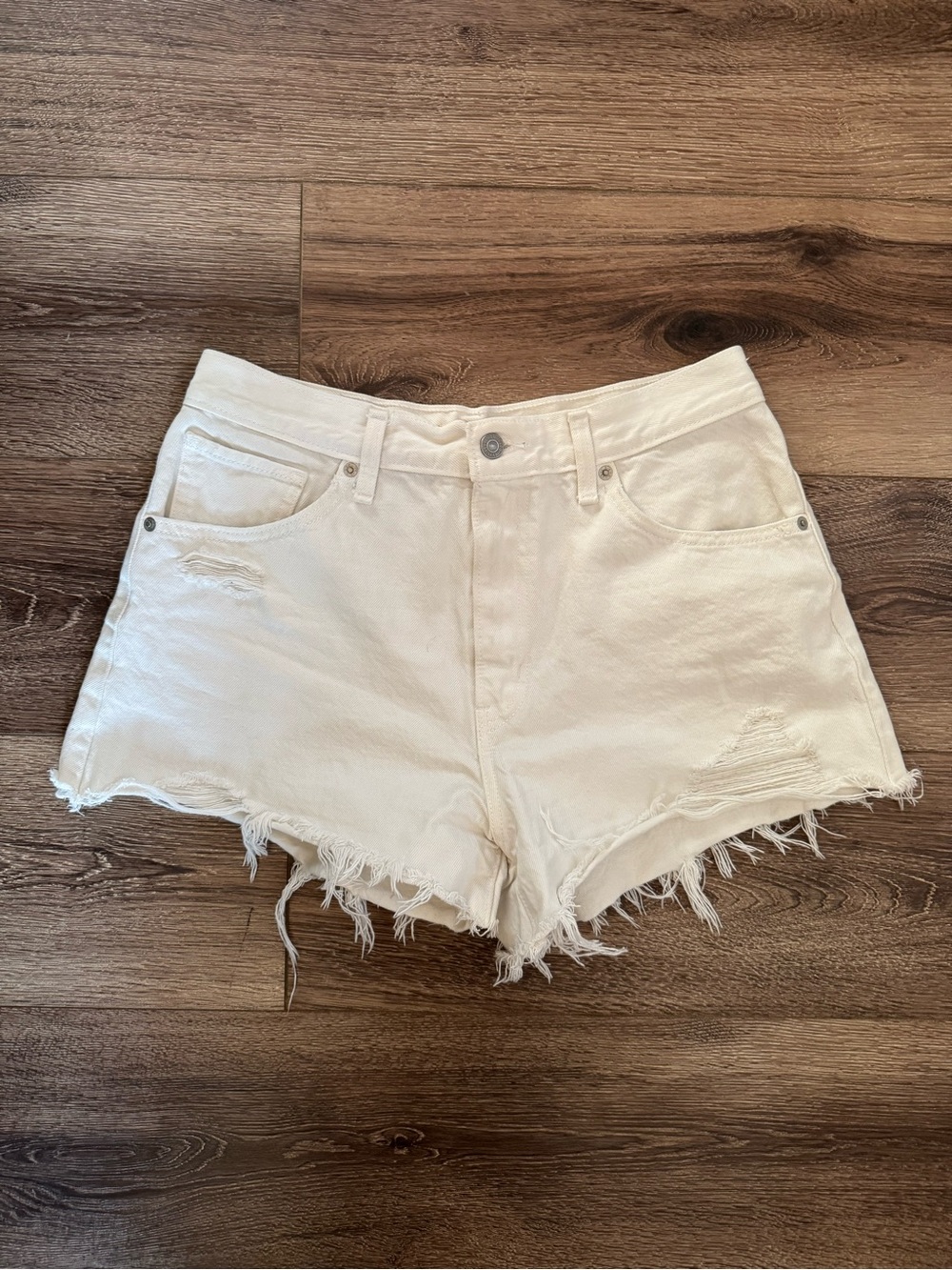 Levi’s High Waisted Distressed Cutoff Denim Mom Shorts, White